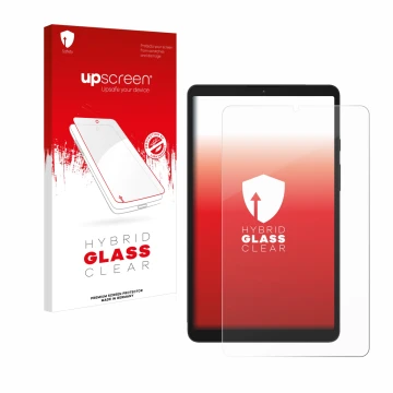 Face avant d’un emballage produit avec le logo de la marque upscreen. À côté, l’appareil Samsung Galaxy Tab A9 LTE est représe