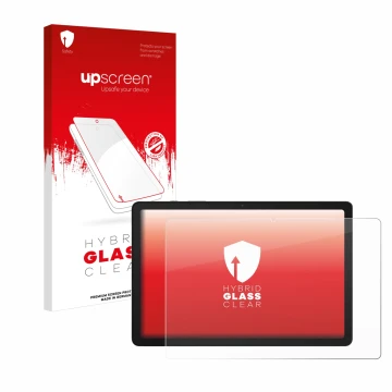 Face avant d’un emballage produit avec le logo de la marque upscreen. À côté, l’appareil Samsung Galaxy Tab A9 Plus 5G est rep