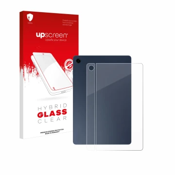 Face avant d’un emballage produit avec le logo de la marque upscreen. À côté, l’appareil Samsung Galaxy Tab A9 Plus 5G (Arrièr