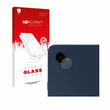 Face avant d’un emballage produit avec le logo de la marque upscreen. À côté, l’appareil Samsung Galaxy Tab A9 Plus 5G (Caméra
