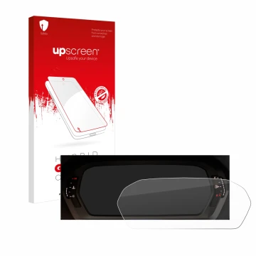 Face avant d’un emballage produit avec le logo de la marque upscreen. À côté, l’appareil Audi A3 2023 Virtual cockpit est repr