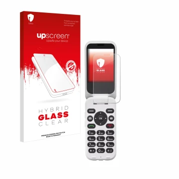 Face avant d’un emballage produit avec le logo de la marque upscreen. À côté, l’appareil Doro 6820 est représenté avec la prot