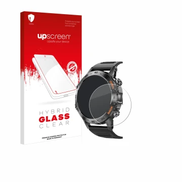 Face avant d’un emballage produit avec le logo de la marque upscreen. À côté, l’appareil Lemfo Smartwatch 1.39