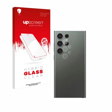 Face avant d’un emballage produit avec le logo de la marque upscreen. À côté, l’appareil Samsung Galaxy S23 Ultra Enterprise E