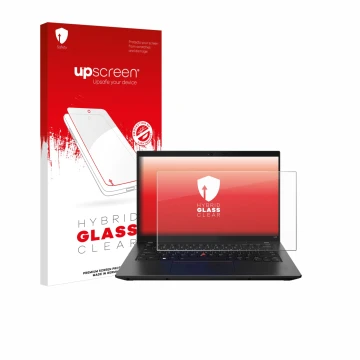 Face avant d’un emballage produit avec le logo de la marque upscreen. À côté, l’appareil Lenovo ThinkPad L14 Gen 3 est représe