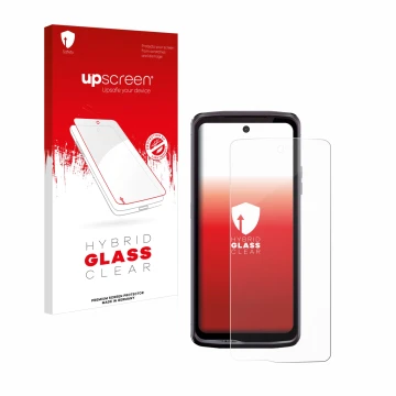 Face avant d’un emballage produit avec le logo de la marque upscreen. À côté, l’appareil Crosscall Stellar X5 est représenté a
