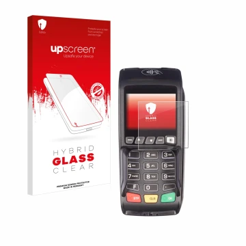 Face avant d’un emballage produit avec le logo de la marque upscreen. À côté, l’appareil ingenico Desk/3500 est représenté ave