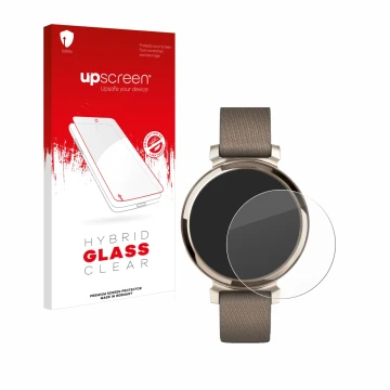 Face avant d’un emballage produit avec le logo de la marque upscreen. À côté, l’appareil Garmin Lily 2 est représenté avec la 