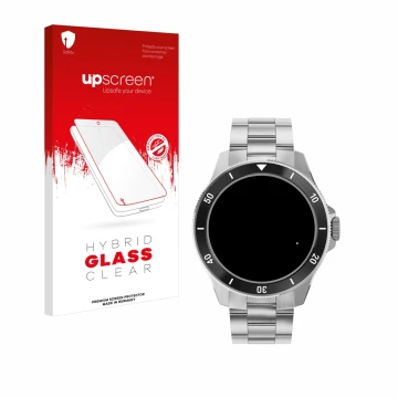 Face avant d’un emballage produit avec le logo de la marque upscreen. À côté, l’appareil Withings ScanWatch Nova (42 mm) est r