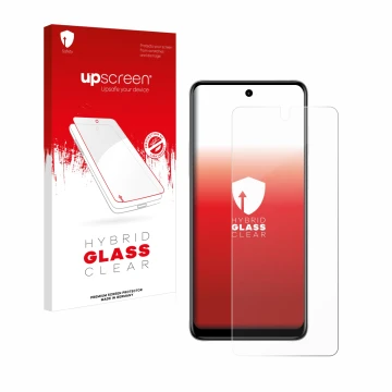 Face avant d’un emballage produit avec le logo de la marque upscreen. À côté, l’appareil Motorola Moto E32s est représenté ave