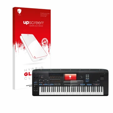 Face avant d’un emballage produit avec le logo de la marque upscreen. À côté, l’appareil Yamaha Genos2 est représenté avec la 