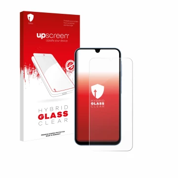 Face avant d’un emballage produit avec le logo de la marque upscreen. À côté, l’appareil Samsung Galaxy A15 est représenté ave