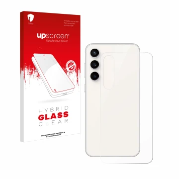 Face avant d’un emballage produit avec le logo de la marque upscreen. À côté, l’appareil Samsung Galaxy S23 FE (Arrière) est r