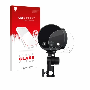 Face avant d’un emballage produit avec le logo de la marque upscreen. À côté, l’appareil Profoto B10X est représenté avec la p