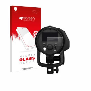 Face avant d’un emballage produit avec le logo de la marque upscreen. À côté, l’appareil Profoto B1X est représenté avec la pr