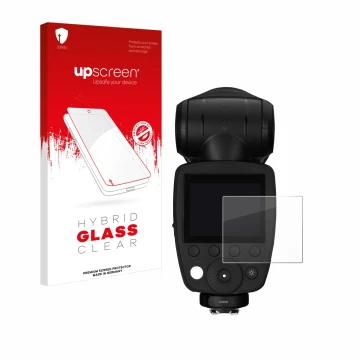 Face avant d’un emballage produit avec le logo de la marque upscreen. À côté, l’appareil Profoto A10 est représenté avec la pr