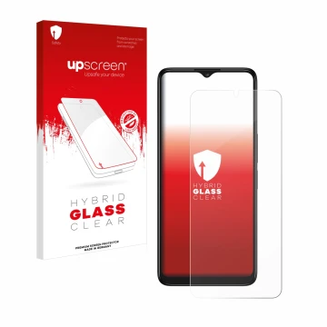 Face avant d’un emballage produit avec le logo de la marque upscreen. À côté, l’appareil TCL 40 R 5G est représenté avec la pr