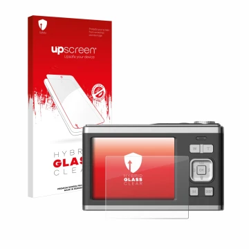 Face avant d’un emballage produit avec le logo de la marque upscreen. À côté, l’appareil Rollei Compactline 10X est représenté