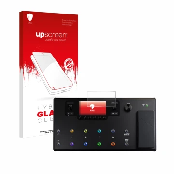 Face avant d’un emballage produit avec le logo de la marque upscreen. À côté, l’appareil Line 6 Helix LT est représenté avec l