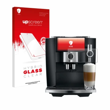 Face avant d’un emballage produit avec le logo de la marque upscreen. À côté, l’appareil Jura J8 twin est représenté avec la p