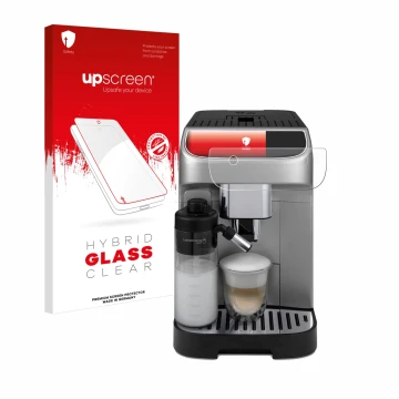 Face avant d’un emballage produit avec le logo de la marque upscreen. À côté, l’appareil DeLonghi Magnifica Plus est représent