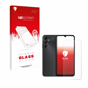 Face avant d’un emballage produit avec le logo de la marque upscreen. À côté, l’appareil Samsung Galaxy A05s est représenté av