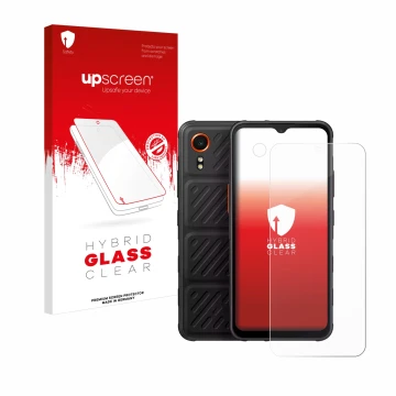 Face avant d’un emballage produit avec le logo de la marque upscreen. À côté, l’appareil Samsung Galaxy XCover 7 (Avant+Caméra
