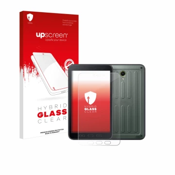 Face avant d’un emballage produit avec le logo de la marque upscreen. À côté, l’appareil Samsung Galaxy Tab Active 5 (portrait