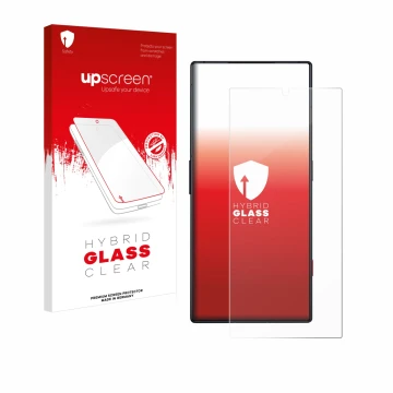 Face avant d’un emballage produit avec le logo de la marque upscreen. À côté, l’appareil ZTE Nubia Red Magic 8 Pro est représe