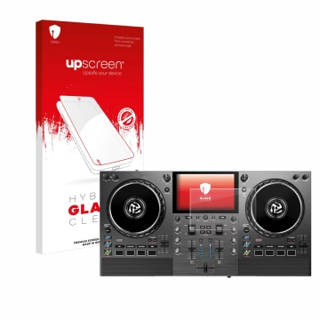 Face avant d’un emballage produit avec le logo de la marque upscreen. À côté, l’appareil Numark Mixstream Pro Go est représent
