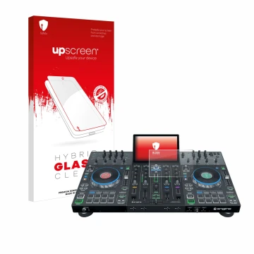 Face avant d’un emballage produit avec le logo de la marque upscreen. À côté, l’appareil Denon DJ Prime 4+ est représenté avec