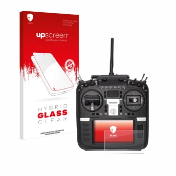 Face avant d’un emballage produit avec le logo de la marque upscreen. À côté, l’appareil Radiomaster TX16S Mark II est représe