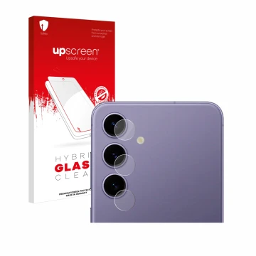 Face avant d’un emballage produit avec le logo de la marque upscreen. À côté, l’appareil Samsung Galaxy S24 (Caméra UNIQUEMENT