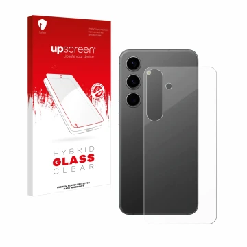 Face avant d’un emballage produit avec le logo de la marque upscreen. À côté, l’appareil Samsung Galaxy S24 Plus (Arrière) est