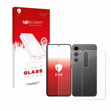 Face avant d’un emballage produit avec le logo de la marque upscreen. À côté, l’appareil Samsung Galaxy S24 Plus (Avant+Arrièr