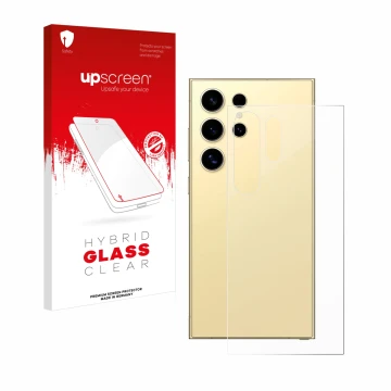 Face avant d’un emballage produit avec le logo de la marque upscreen. À côté, l’appareil Samsung Galaxy S24 Ultra (Arrière) es