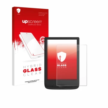 Face avant d’un emballage produit avec le logo de la marque upscreen. À côté, l’appareil PocketBook Basic Lux 4 est représenté
