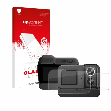 Face avant d’un emballage produit avec le logo de la marque upscreen. À côté, l’appareil SJCAM SJ20 Dual Lens est représenté a