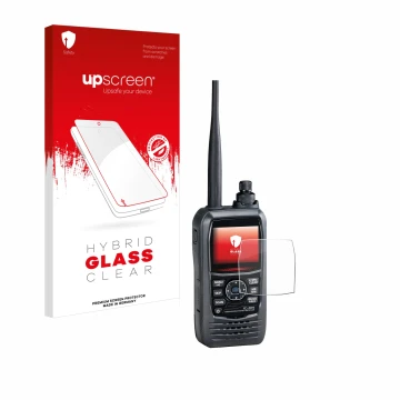 Face avant d’un emballage produit avec le logo de la marque upscreen. À côté, l’appareil Icom IC-R15 est représenté avec la pr