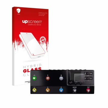 Face avant d’un emballage produit avec le logo de la marque upscreen. À côté, l’appareil Line 6 hx stomp XL est représenté ave