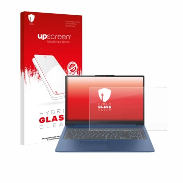 Face avant d’un emballage produit avec le logo de la marque upscreen. À côté, l’appareil Lenovo IdeaPad Slim 3 Gen 8 15