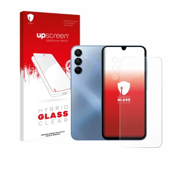 Face avant d’un emballage produit avec le logo de la marque upscreen. À côté, l’appareil Samsung Galaxy A15 5G (Avant+Caméra) 