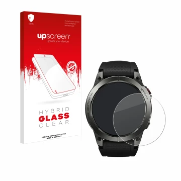 Face avant d’un emballage produit avec le logo de la marque upscreen. À côté, l’appareil Zeblaze Stratos 3 est représenté avec