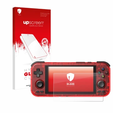Face avant d’un emballage produit avec le logo de la marque upscreen. À côté, l’appareil Retroid Pocket 4 Pro est représenté a