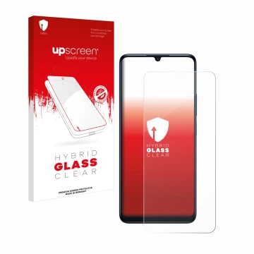 Face avant d’un emballage produit avec le logo de la marque upscreen. À côté, l’appareil TCL 505 est représenté avec la protec