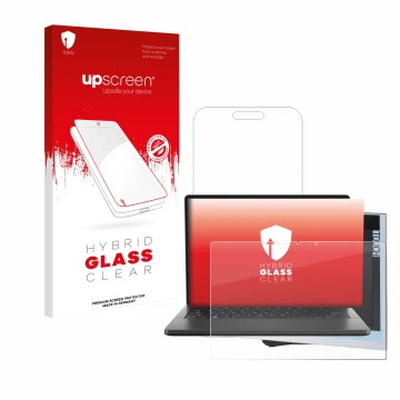 Face avant d’un emballage produit avec le logo de la marque upscreen. À côté, l’appareil ASUS ROG Zephyrus G14 2024 GA403 est 