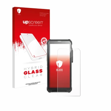 Face avant d’un emballage produit avec le logo de la marque upscreen. À côté, l’appareil RugGear RG880 est représenté avec la 