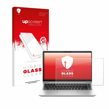 Face avant d’un emballage produit avec le logo de la marque upscreen. À côté, l’appareil HP ProBook 440 G10 est représenté ave