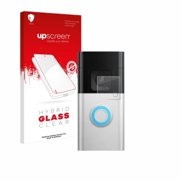 Face avant d’un emballage produit avec le logo de la marque upscreen. À côté, l’appareil Ring Video Doorbell Plus est représen