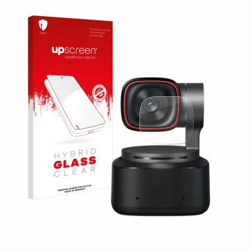 Face avant d’un emballage produit avec le logo de la marque upscreen. À côté, l’appareil OBSBOT Tiny 2 est représenté avec la 